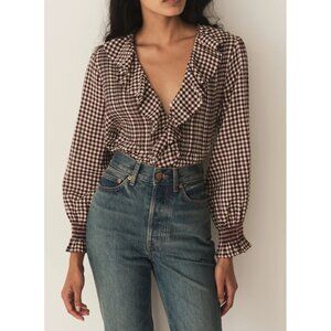 DÔEN Hardy Top Delphine Plaid Ruffle Button Front Organic Cotton Blouse M